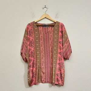 TIENDA HO Tunic Top Blouse Coral Pink Floral Relaxed Bohemian